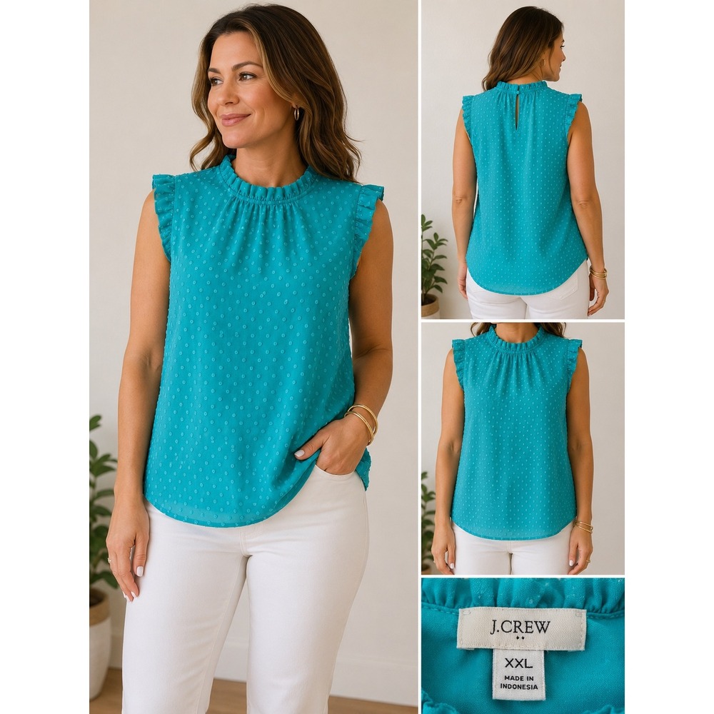 J.Crew XXL Teal Swiss Dot Ruffle Neck Sleeveless Blouse Top Green Plus Size XXL